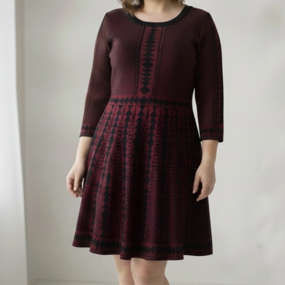 Nina Leonard Burgundy Geometric Fit & Flare Knit Dress Size L LIKE NEW
